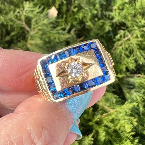 VINTAGE 14K YELLOW GOLD MENS CZ & BLUE SPINEL STARBURST RING ROLEX BAND DESIGN